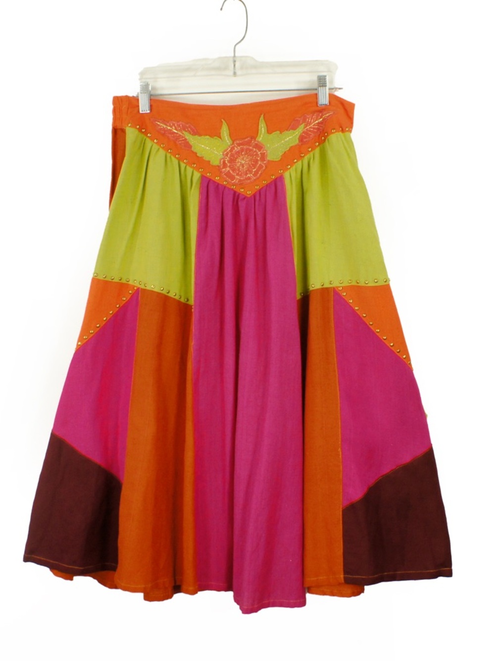 Vintage 80s Western Patchwork Orange Pink Green Colourblock Studded Long Skirt - Picture 4 of 5
